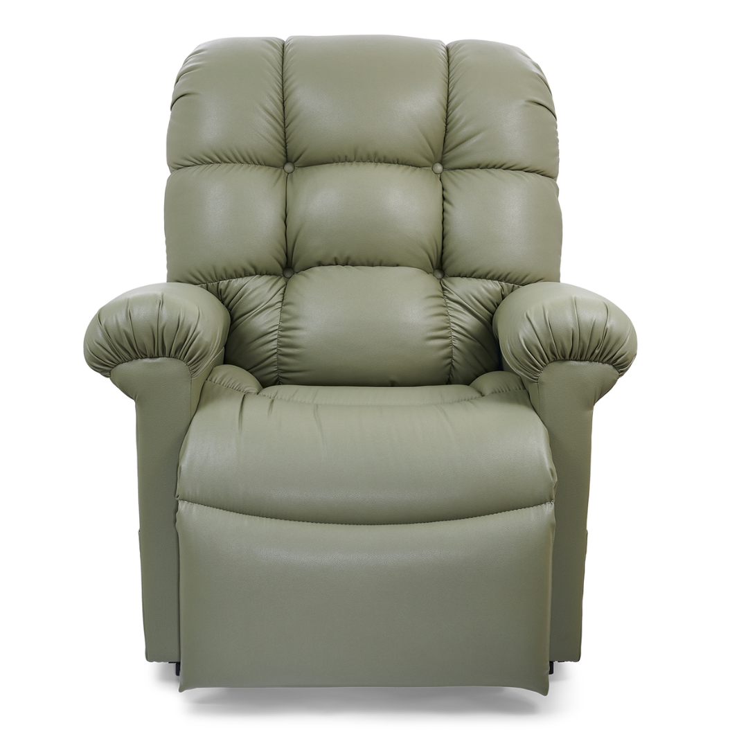 A plush, olive green Golden Tech PR515 Cloud Recliner With Lift Assist, ZG+ & Twilight (MD/LG) features thick tufted cushions and Zero Gravity comfort for ultimate relaxation. Shown from the front against a white background.